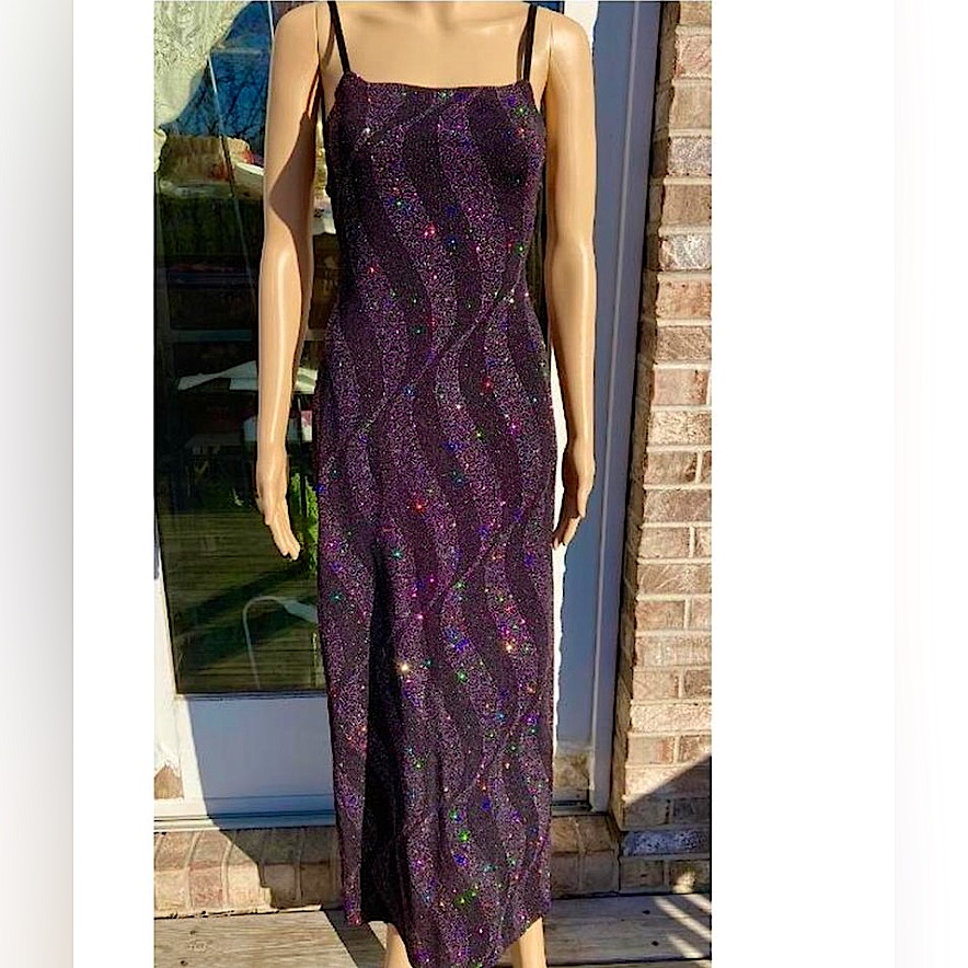 Vintage 90s Vamp Goth Glam Black Rainbow Sparkle Glitter Prom Dress Formal Gown